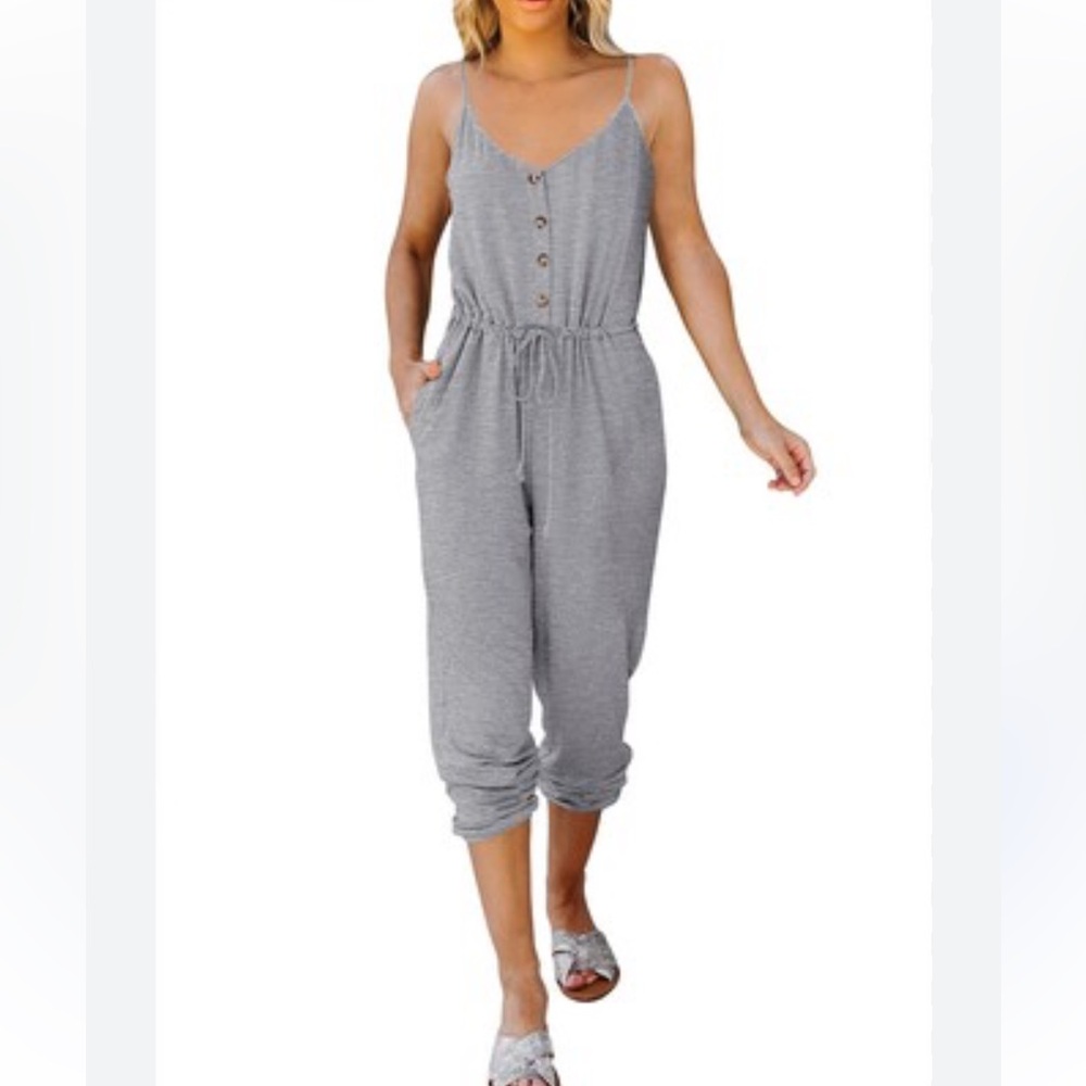 Vneck Henley button front pants gray romper jumpsuit